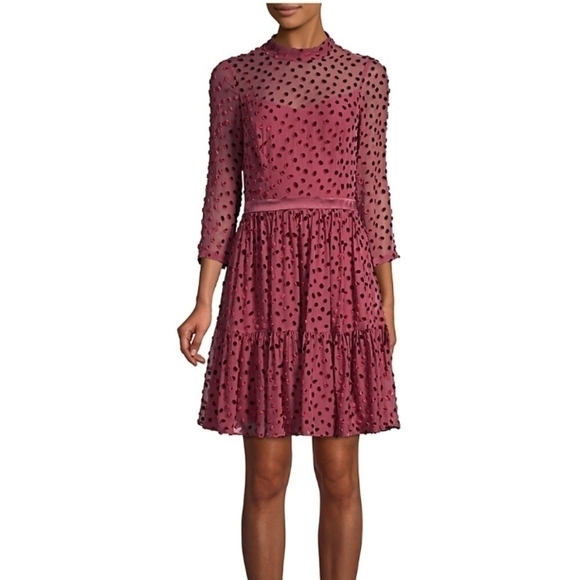 Rebecca Taylor Velvet Polka Dot Silk-Chiffon Long-Sleeve A-Line Dress - Picture 1 of 12